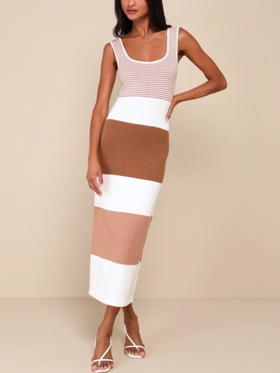 Lulus Dresses & Skirts - Easily Gorgeous Ivory and Brown Striped Midi Sweater Dress